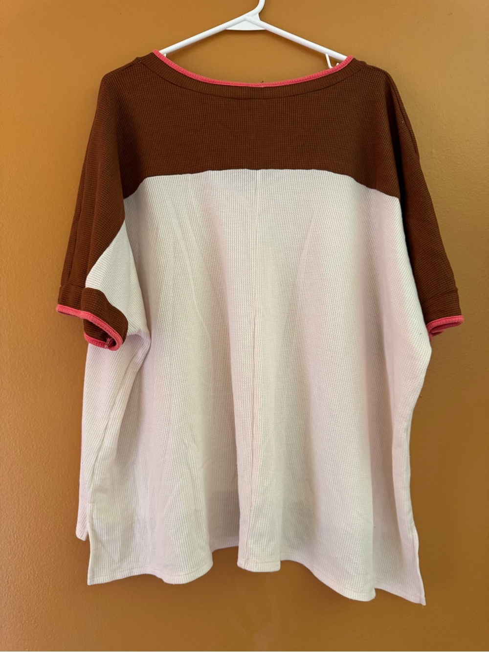 V-Neck Colorblock Waffle Tunic - Brown, White & Pink Trim - Picture 3 of 3